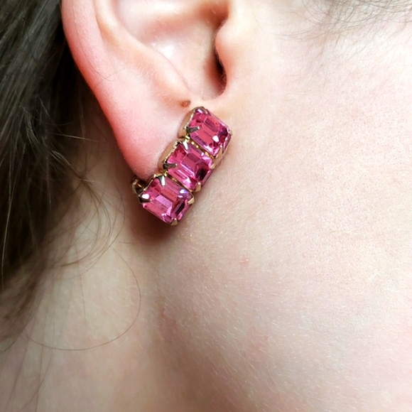 Vintage Authentic 50's Weiss Large Faceted Pink Glass Rhinestone Estate Earrings - Picture 8 of 11